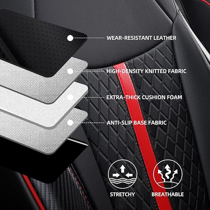 Custom Fit Sienna Seat Covers for Toyota Sienna LE,XLE 2021-2025 3-Row Accessories Full Coverage Waterproof Leather Car Seat Covers Full Set (Black with red, 8-Seat)