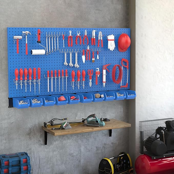 Ultrawall Pegboard Wall Organizer, Blue Metal Peg Board Panels, Garage Storage System with Hooks and Storage Bins, 59pcs