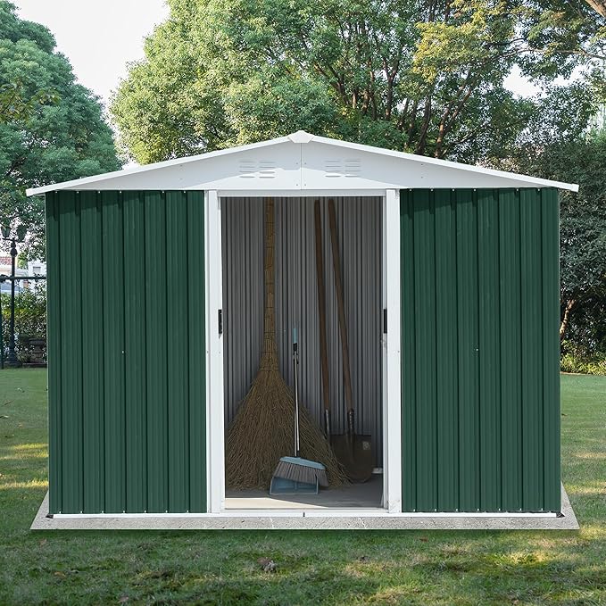 6x8 FT Outdoor Storage Shed, Metal Garden Shed with Lockable Sliding Doors, Outside Tool Shed with Sloped Roof & 4 Air Vents, Waterproof Storage Building for Backyard, Patio, Lawn, Green