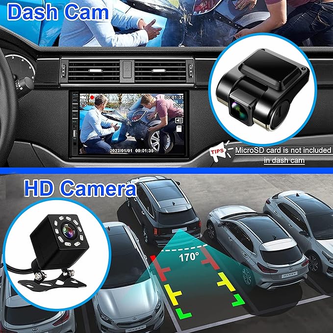 Naifay Double Din Car Stereo with Dash Cam | 7INCH Touchscreen Car Radio Receivers Support with Apple Carplay & Android Auto, Bluetooth, Backup Camera, Mirror Link, Voice Control, SWC, FM/USB/TF/AUX
