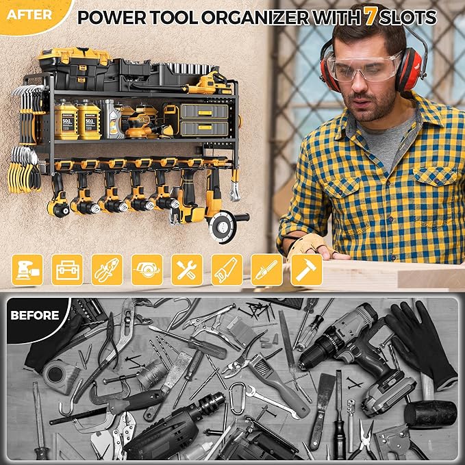 LBT Large Power Tool Organizer Wall Mount with Pegboard, Heightening Garage Power Tool Storage with 7 Cordless Drill Holder, Heavy Duty Metal Tool Shelf Battery Storage, Gifts For Men Father Husband