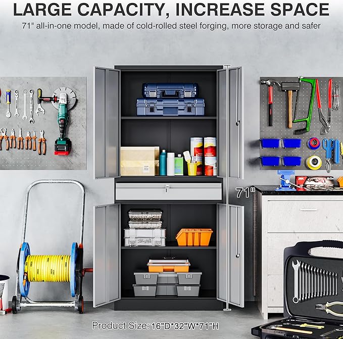 Metal Garage Storage Cabinet with Doors and Shelves, Lock, Drawer - 71" Lockable Steel Cabinet for Home, Office