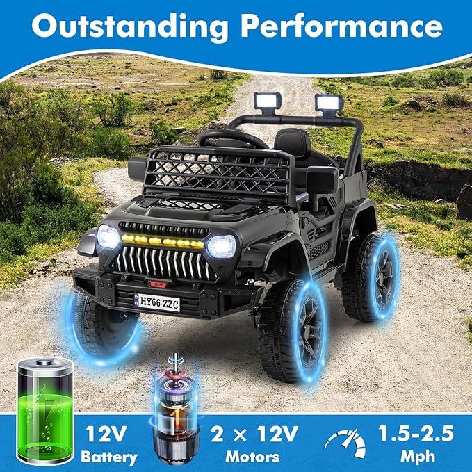 Costzon Kids Ride On Truck, 12V Battery Powered Electric Vehicles w/Remote Control, Spring Suspensions, 3 Speeds, Music, Lights, Wireless Connection, Ride on Car for Boys & Girls 3+ (Black)