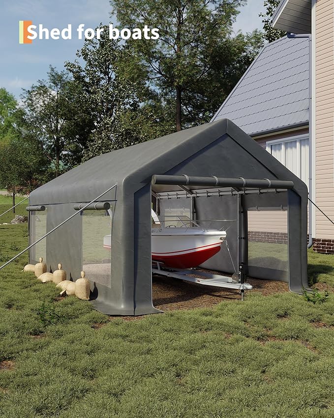 13x20 Ft Carport with 8 Sandbags, Car Port with 220g PE Tarp, 2 Roll-Up Doors, and 4 Windows, for Full-Size Pickups, Bass Boats, Tractors, and SUVs, Gray
