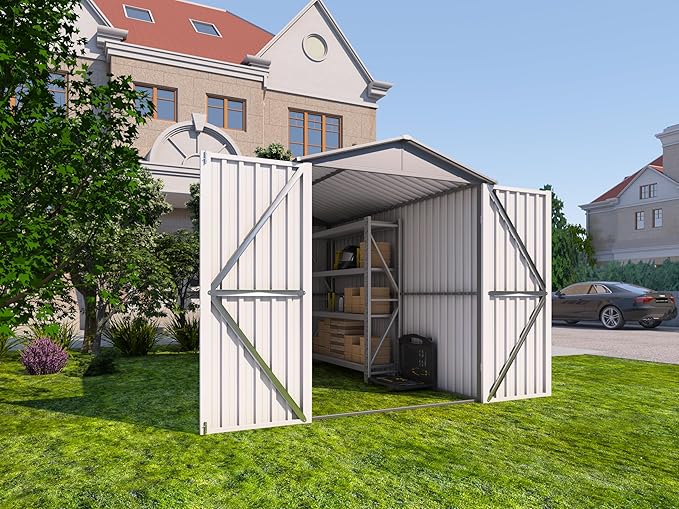 Motorcycle Steel Storage Shed with Window & Tracks,Outdoor Weather-Resistant Storage Box for Bikes, Tools, Sports Equipment,Easy Assembly, 121" W Gray+White