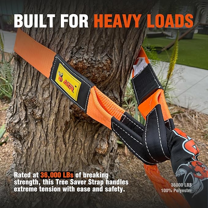 ATR Tree Saver Strap 3.5" x 8ft – 36,000 lbs Break Strength, Heavy Duty Tow Strap for Winch, Off-Road Recovery, Truck, Jeep, Short Polyester Recovery Rope with Loops