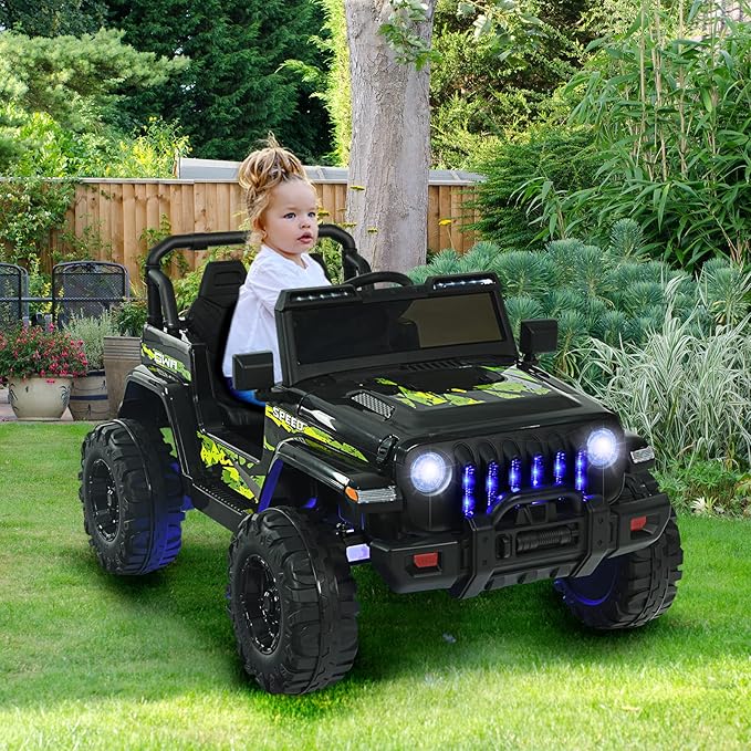 INFANS Kids Ride on Car Truck with 2.4G Remote Control, 12V Battery Powered Electric Cars for Kids w/3 Speeds, Battery Display, LED Lights, Safety Belt, Music & Horn, Bluetooth/FM/USB (Dark Black)