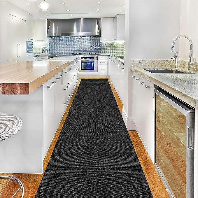 Ottomanson 2' x 46' Hallway Runner with Scraper Pile Extra Durable Non-Slip Rug Mat for Indoor & Outdoor Use - Ideal for Kitchen, Entryway, Patio & Garage - High-Traffic Carpet, Black