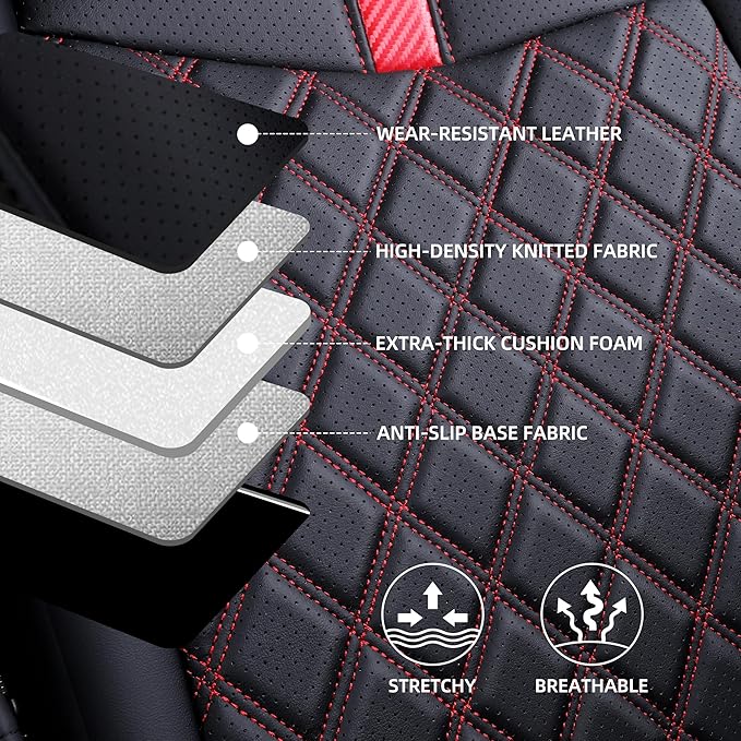 Custom Fit RAV4 Seat Covers for 2019-2025 Toyota RAV4 LE,XLE,XLE Premium,Limited Full Coverage Waterproof Leather Car Seat Covers Full Set (Black with Red Trim)