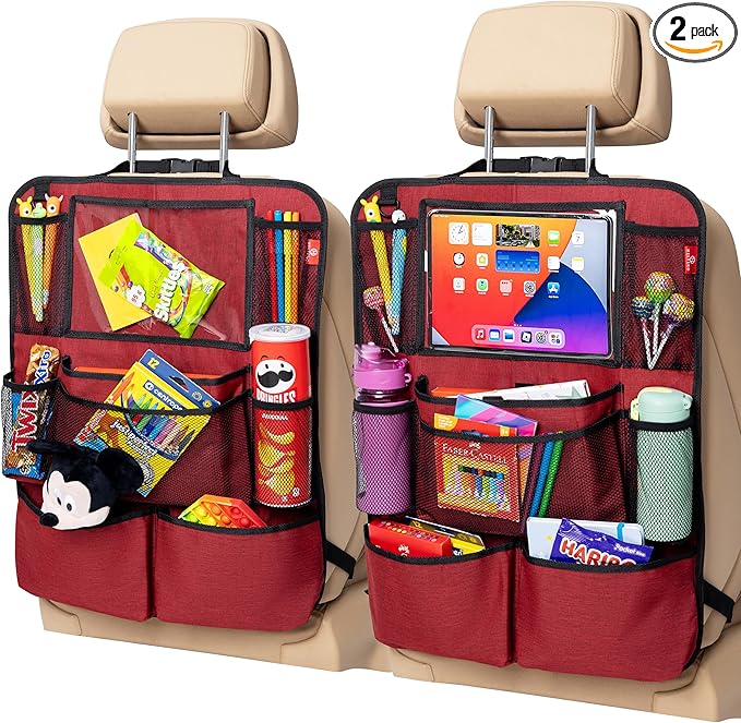 Helteko Backseat Car Organizer, Kick Mats Back Seat Protector with Touch Screen Tablet Holder, Back Seat Organizer for Kids with 9 Storage Pockets, Travel Accessories (2 Pack, Venetian Red)