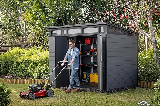Keter Cortina 9x7 Ft All-Weather Storage Shed with Skylight, Window, Built-in Ventilation, Customizable Walls, & Lockable Double Doors, Graphite