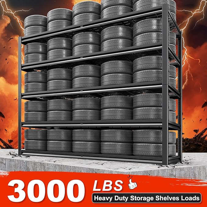 REIBII 78" H Garage Shelving Heavy Duty Load 3000LBS, Adjustable Storage Shelves, 5 Tier Metal Shelving Unit for Storage Racks Industrial Shelf, 55.2" W x 26" D x 78" H, Black
