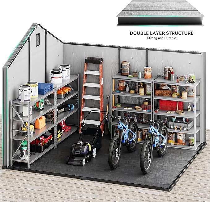 YITAHOME 8x10 FT Outdoor Storage Shed with Floor, Plastic Garden Shed for Bikes, Tools, and Pool Supplies, Outdoor Resin Shed with Lockable Doors, Windows, and Vents for Patio, Lawn, Backyard, Gray