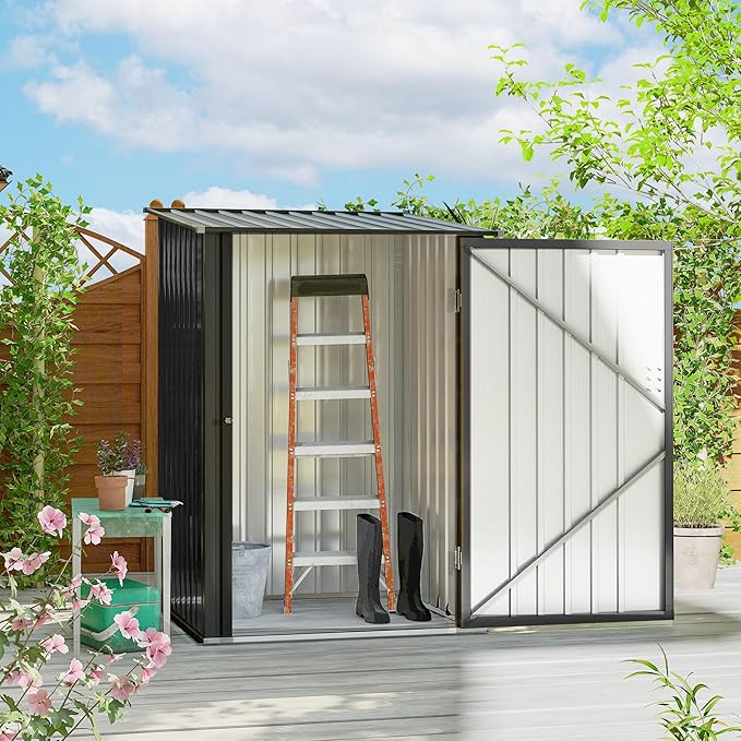 Outsunny 3.3' x 3.4' Outdoor Storage Shed, Metal Garden Tool House with Sloping Roof and Lockable Door for Backyard, Bike, Patio, Garage, Lawn, Gray