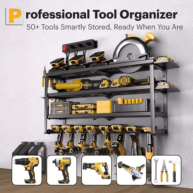 Power Tool Organizer Wall Mount with Charging Station, 4 Layer 8 Slots Cordless Drill Holder for Garage Storage, Utility Racks Max 420lbs Load With 6 Outlet Power Strip for Fathers Men Gift