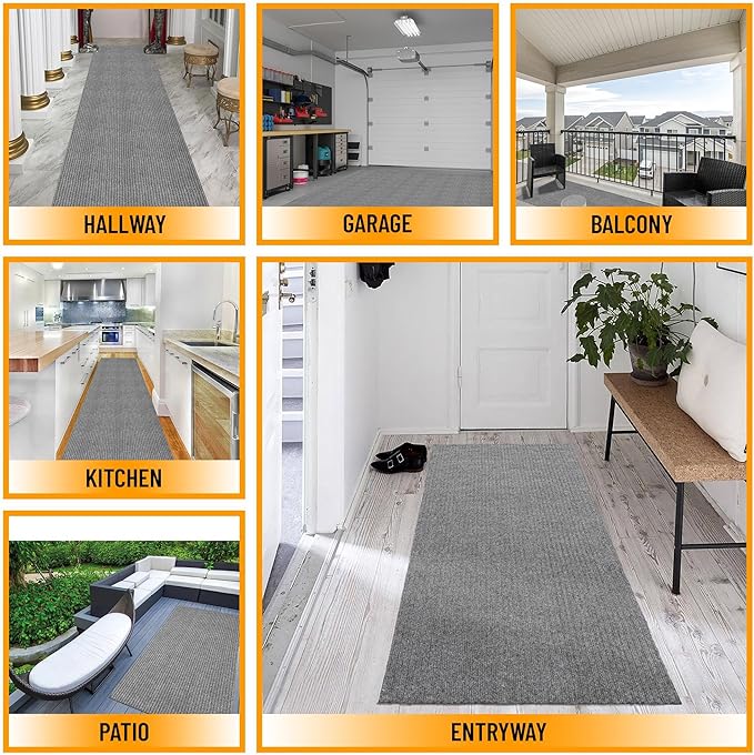 Ottomanson 2' x 30' Hallway Runner with Scraper Pile Extra Durable Non-Slip Rug Mat for Indoor & Outdoor Use - Ideal for Kitchen, Entryway, Patio & Garage - High-Traffic Carpet, Gray