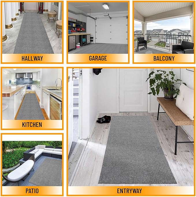 Ottomanson 2' x 13' Hallway Runner with Scraper Pile Extra Durable Non-Slip Rug Mat for Indoor & Outdoor Use - Ideal for Kitchen, Entryway, Patio & Garage - High-Traffic Carpet, Gray