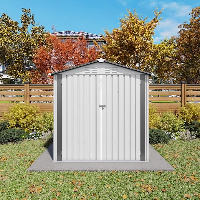 6 x 4 FT Outdoor Storage Metal Shed, Bike Garden Tool Shed with Slooping Roof, Lockable Doors and Aluminum Frames, Shed Easy to Assemble for Garden, Patio, Lawn, White