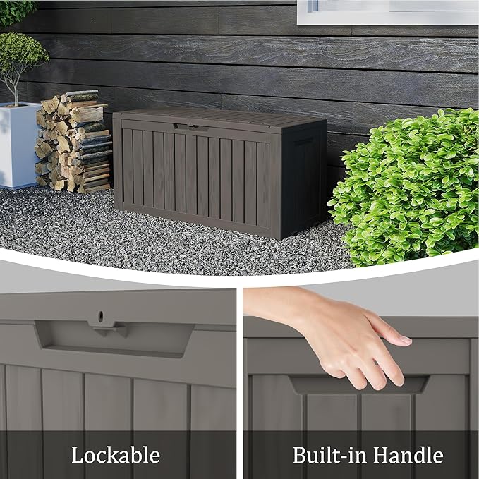 90 Gallon Lockable Resin Deck Box with Wheels, Waterproof & UV-Resistant Outdoor Storage Box for Outdoor Cushion Storage, Garden Tools & Pool Accessories Storage, Gray