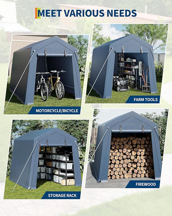 10x10FT Outdoor Storage Shed, Portable Carport with Roll-up Ventilated Zipper Door and Windows, Heavy Duty Waterproof Tarp, Storage Sheds for Motorcycle, Bike, Firewood, Garden Tools