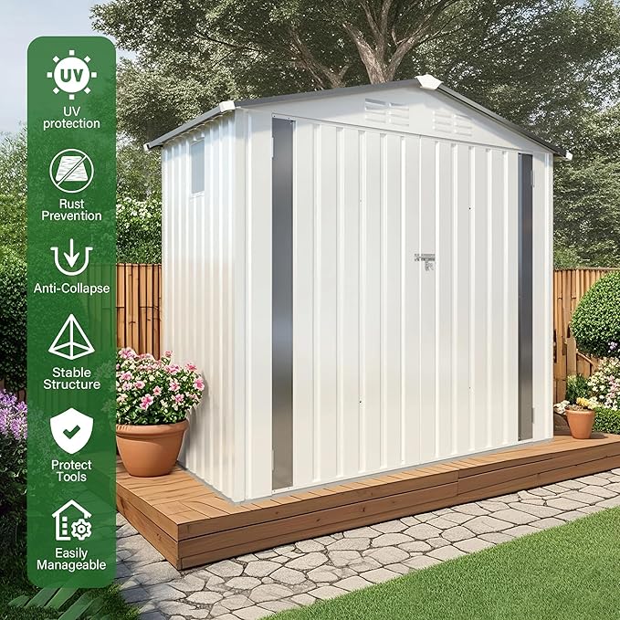 6X3.5 FT Outdoor Storage Shed with Window, Metal Garden Sheds w/Lockable Door and Vents, Waterproof Steel Tool House for Backyard, Patio, Lawn, Sundries & Utility Storage, White