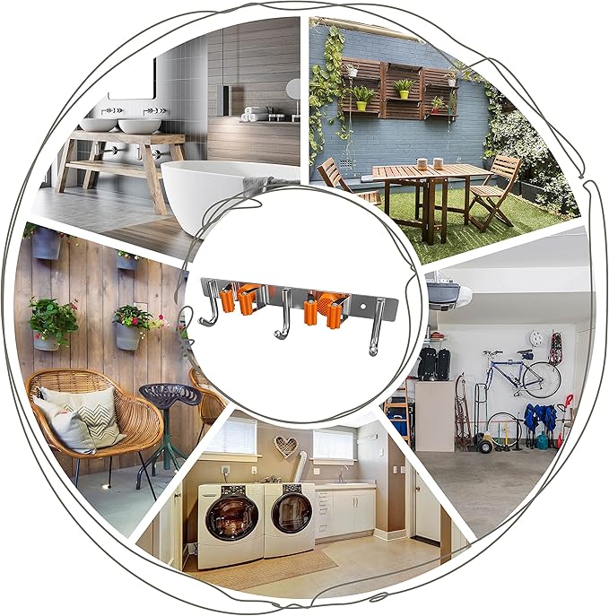Heavy Duty Broom and Mop Holder Wall Mounted with 2 Rubber Grip Slots & 3 Utility Hooks – SUS304 Stainless Steel, Waterproof, Self Adhesive or Drill Mount, for Garage, Laundry, Kitchen & Closet Use