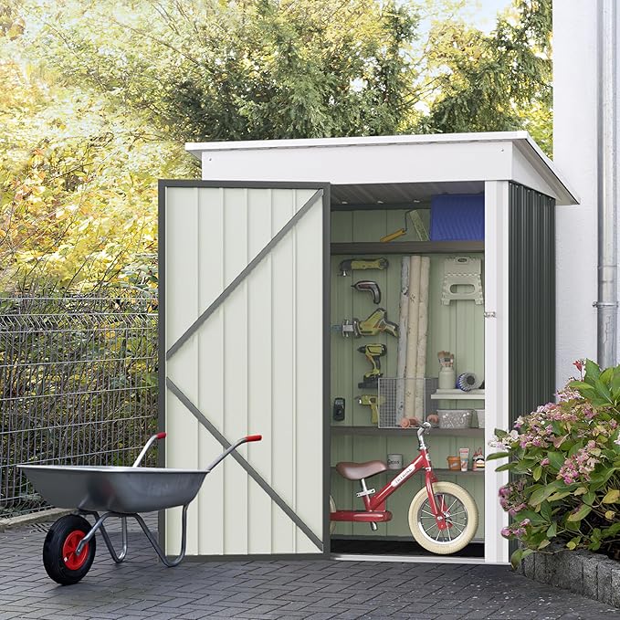 JUMMICO Metal Outdoor Storage Shed 5 x 3 FT Metal Shed with Lockable Door,Waterproof Garden Tool Shed Storage House for Backyard Patio Lawn,Grey