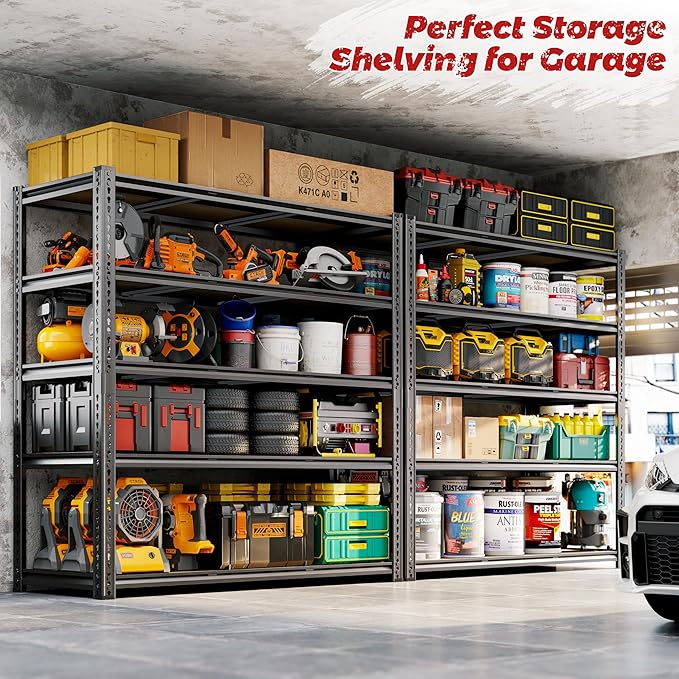 48"W Garage Shelving, 2650LBS Storage Shelves heavy duty, 5 Tier Metal Shelving Unit Adjustable Garage Shelves Heavy Duty Shelving for Warehouse,Commercial, Kitchen, 48" W × 18" D × 72" H, Black