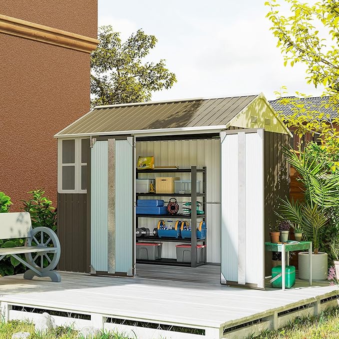 Outsunny 8' x 5.5' Outdoor Storage Shed, Metal Garden Shed with Window & Double Lockable Door, Outdoor Tool Shed Storage with Sloped Roof for Backyard, Patio, Garage, Lawn, Gray