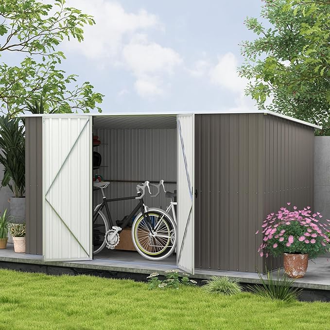Outsunny 11' x 6' Outdoor Storage Shed, Galvanized Metal Utility Garden Tool House, 2 Vents and Lockable Door for Backyard, Bike, Patio, Garage, Lawn, Light Gray