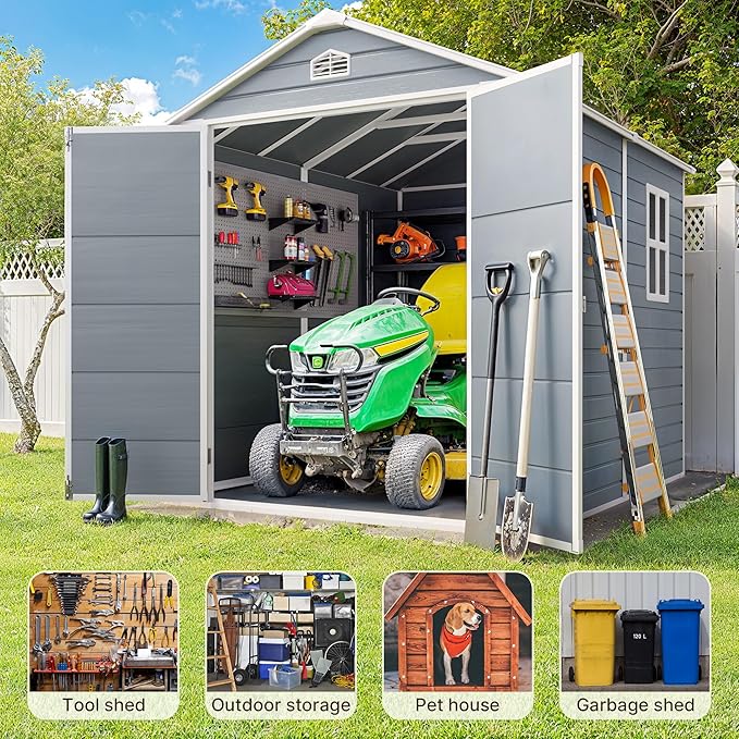 Gizoon 8x6 FT Outdoor Storage Shed with Floor, Resin Garden Tool Shed with Lockable Doors, Window, Vents, Reinforced Steel Frame, Waterproof Plastic Storage Sheds for Backyard, Patio, Lawn
