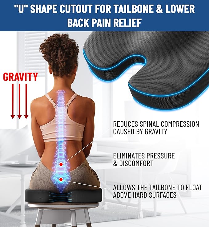 Everlasting Comfort Doctor Recommended Gel Memory Foam Seat Cushion for Office Chairs & Car Seat - Ergonomic Office Desk Accessories for Tailbone Pain Relief, Sciatica & Back Support