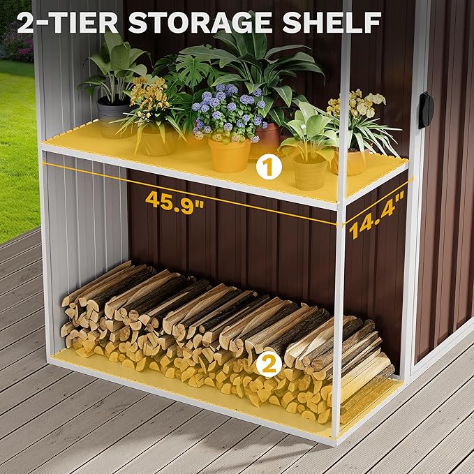 DWVO 8 x 4 ft Outdoor Storage Shed with 2-Tier Shelf, Metal Tool Shed & Garden Storage Cabinet for Backyard, Patio, Equipment & Bike, Brown