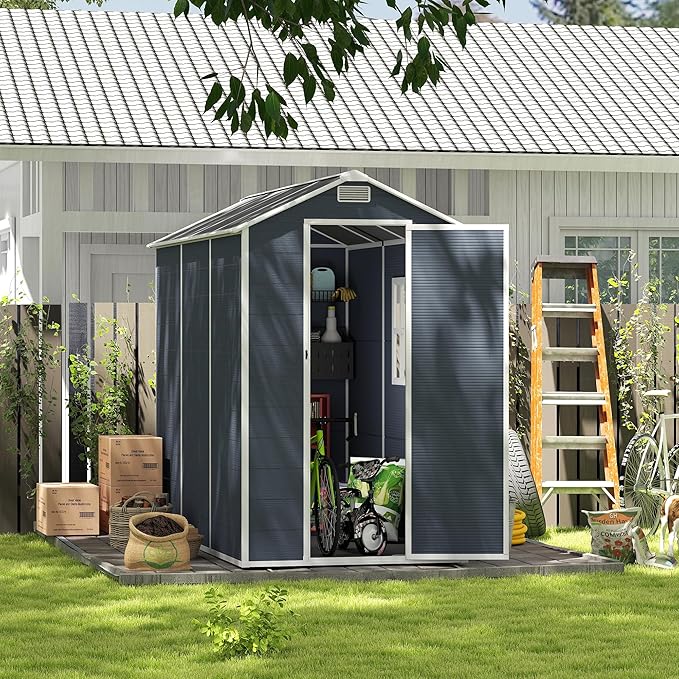 MyVoice 8x4 FT Outdoor Resin Storage Shed with HD Window, Rustproof Waterproof Garden Tool Shed, 12mm Thickened PP Panels, Large Capacity Outdoor Utility House for Backyard Patio (with Floor)