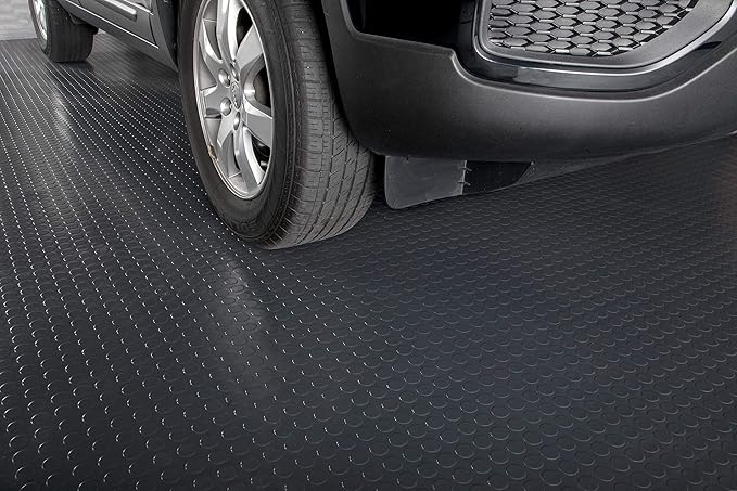 G-Floor Seamless Sheet Vinyl Shed Flooring Cover with Bonded Fibrous Backing - Coin Pattern (8' x 8', Midnight Black)