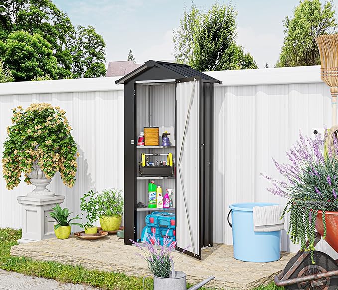 2.5x1.4 FT Outdoor Storage Shed, Small Metal Garden Shed with Adjustable Shelves, Mini Outside Tool Sheds with Lockable Hinged Door, Waterproof Outdoor Storage Cabinet for Backyard, Patio, Lawn, Black