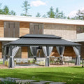 Aoxun 14' X 24' Hardtop Gazebo with Drainage System, Aluminum Outdoor Gazebo with Galvanized Steel Double Roof, Patio Permanent Metal Pavilion with 20 inch Ceiling Fan, for Garden, Deck, Grey