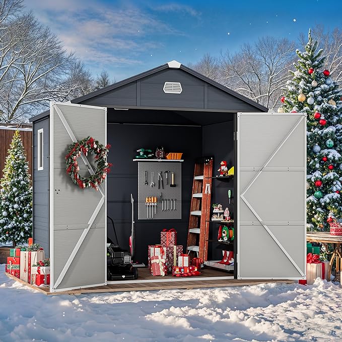 YITAHOME 8x6.2FT Outdoor Storage Shed w/o Floor, All-Weather Plastic Shed with Lockable Doors, Window & Vents, Plastic Tool Shed for Backyard, Patio, Poolside, Lawn, Gray
