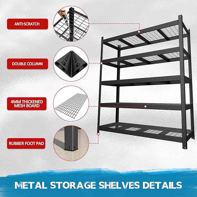 MUPATER 72.05” W × 24.02” D × 83.86” H, Heavy Duty Metal Storage Shelves, 3000 LBS Capacity, 5-Tier Adjustable Garage Shelving, Storage Shelf Rack for Kitchen, Basement, Warehouse