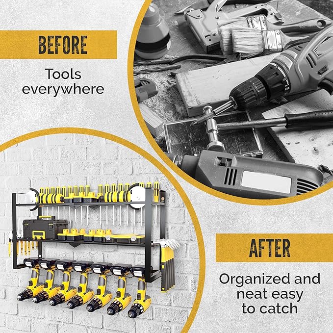 Power Tool Organizer Wall Mount 3 Tier 7 Drill Holders support up to 300Lbs - Metal Cordless Garage Wall Organizer for Cordless Drill, drill holder Rack Suitable for workshop organizers and storage