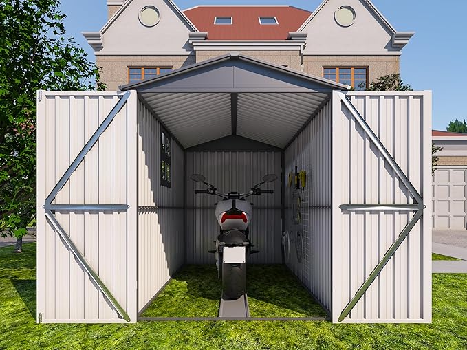 Motorcycle Steel Storage Shed with Window & Tracks,Outdoor Weather-Resistant Storage Box for Bikes, Tools, Sports Equipment,Easy Assembly, 121" W Gray+White