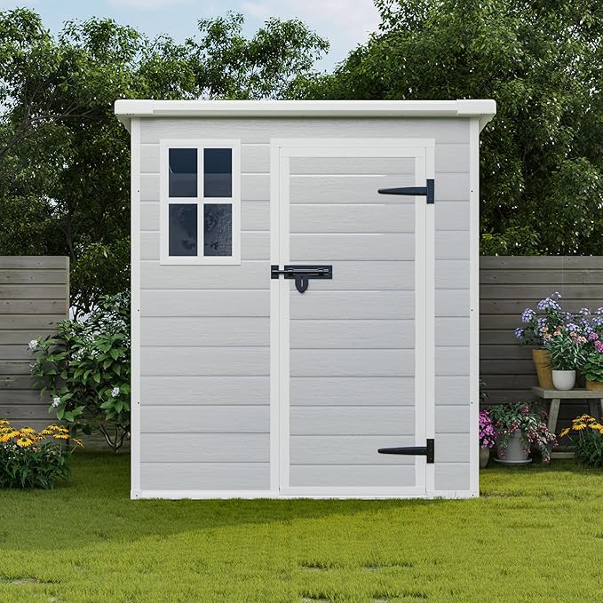 6x6 FT Outdoor Storage Resin Shed with Floor,Waterproof Garden Bike Shed with Lockable Door, Sloped Roof, Vents & Windows,Plastic Tool Shed for Lawn, Backyard, Patio,White+Gray