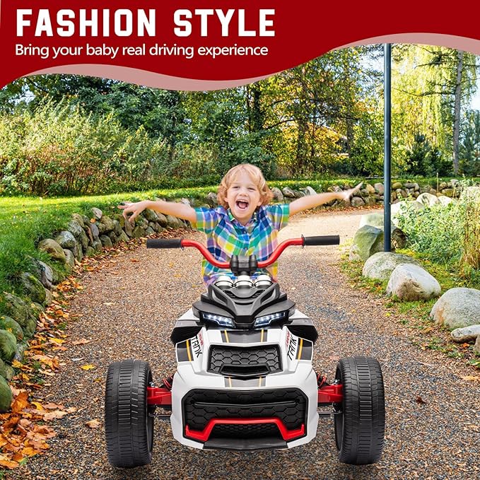 12V Kids Electric Ride-On Car with Parent Remote Control, 7MPH, 2 Speeds, 2x55W Motor, LED Lights, Music, USB & EVA Tires, 3 Wheel Battery Powered Toy Vehicle for Toddlers (White1)