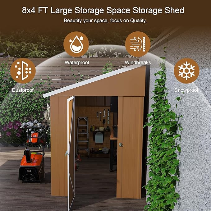 8 x 4 FT Outdoor Lean to Storage Shed, Metal Garden Tool Shed with Slooping Roof, Lockable Doors and Windows, All-Weather Weatherproof Blike shed for Garden, Patio, Lawn, Yellow