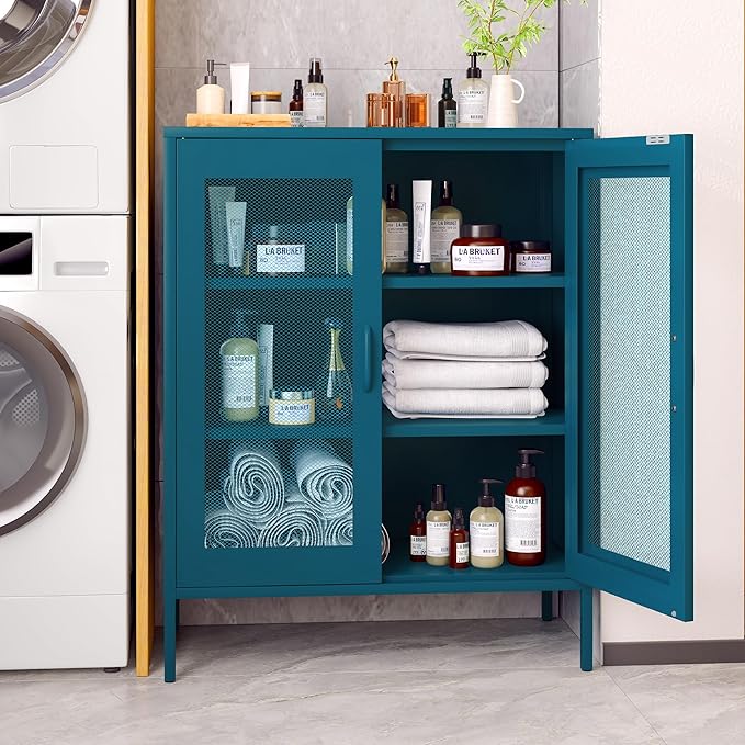 Metal Storage Cabinet with Mesh Doors,Steel Display Cabinet with Adjustable Shelves,Metal Office Storage Locker for Home Office,Garage(Blue, 40''H)