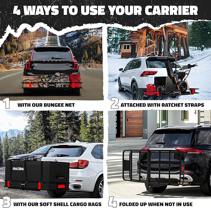 Mockins 60"x20"x6" Trailer Hitch Cargo Carrier | Weatherproof Steel Folding Luggage Rack for Car, SUV & Truck w/ 500 lbs. Capacity | 2" Receiver Hitch Rack Luggage Carrier & Cargo Trailer Accessories