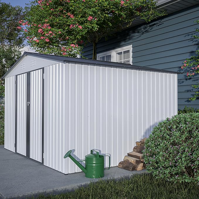10X8 FT Outdoor Tool Storage Shed with Metal Foundation & Lockable Doors, All Weather Metal Sheds for Garden, Patio, Backyard, Lawn