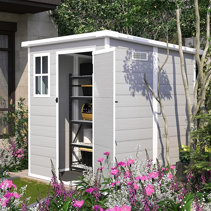6x6 FT Outdoor Storage Resin Shed with Floor,Waterproof Garden Bike Shed with Lockable Door, Sloped Roof, Vents & Windows,Plastic Tool Shed for Lawn, Backyard, Patio,White+Gray