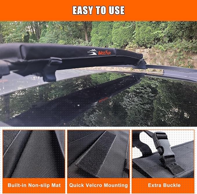 MeeFar Universal Roof Rack Pads Fit on Cross Bars - for Kayak/Surfboard/SUP/Canoe with 2 Heavy Duty Tie Down Straps, 2 Tie Down Rope, 2 Quick Loop Strap and Storage Bag