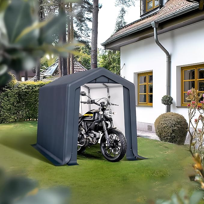 PHI VILLA 6'x10'x7' Outdoor Portable Storage Shelter Shed Garage with 2 Roll up Zipper Doors & Vents Carport for Motorcycle Bike Waterproof and UV Resistant Anti-Snow Portable Garage Kit Tent, Gray